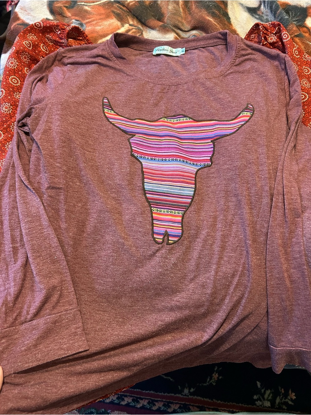 Southern Grace Mauve Long Sleeve Tee with Striped Bull Skull Patch